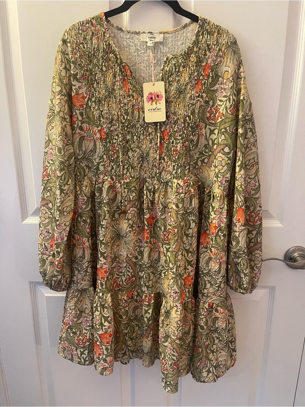 entro Olive Floral Smocked Long Sleeve Tiered Dress with Orange Accents